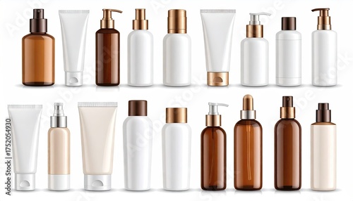 Assortment of modern cosmetic bottles and tubes for beauty products.
