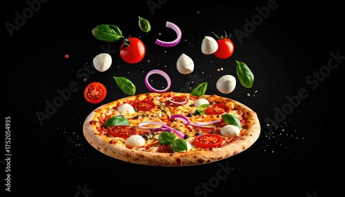Artistic Pizza Margherita with Fresh Ingredients Levitating on Black Background.