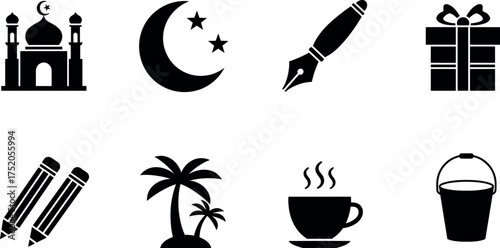 mosque, islamic, crescent, moon, star, pen, gift, pencil, palm, coffee, cup, tree, bucket, icon, silhouette, islamic 