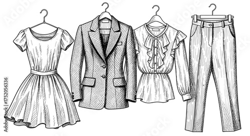 Clothes on hangers - dress, blouse, jacket, trousers for clothing store engraving sketch hand drawn style black and white vintage illustration vector