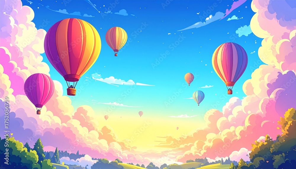 Fototapeta premium Vibrant hot air balloons drift over a serene, colorful landscape at sunrise/sunset, surrounded by fluffy, pink clouds