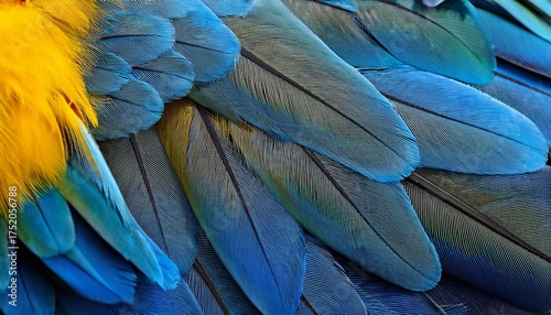 close up of beautiful bird feathers of blue and yellow macaw exotic natural textured background in different blue colors and yellow lagoa das araras mato grosso brazil