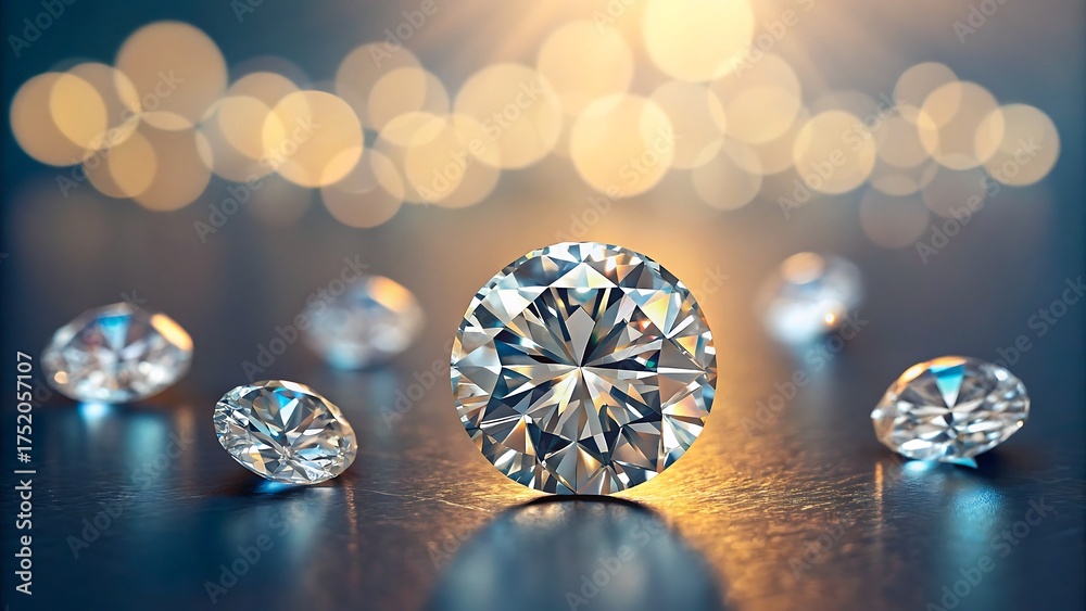 Fototapeta premium Shiny diamonds sparkling on reflective surface under golden light