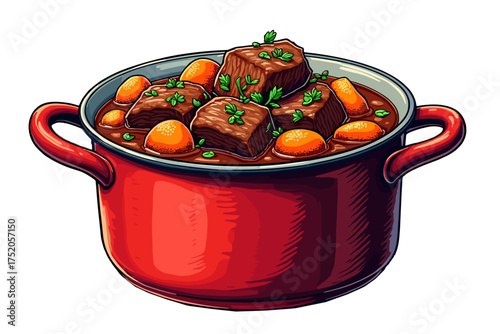 Beef stew served in a red enamel pot with carrots and herbs