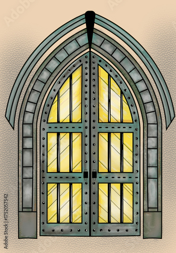 Heavy Industrial Riveted Metal Vault Door with Yellow Lighted Glass Panels | Sci-Fi Factory Entrance
