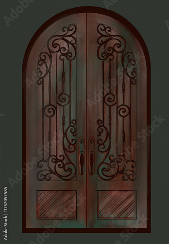 Weathered Antique Wrought Iron Gate with Ornate Scrollwork | Dark Vintage Gothic Archway Illustration