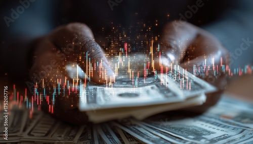 Analysis Of Multi-Exposure Financial Graph Hologram With Usa Dollar Bills And Man'S Hands: A Comprehensive Overview Of Financial Data.