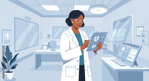 Female doctor analyzes medical data on a tablet in a modern, clean office, concept for telemedicine solutions, healthcare technology integration and pharmaceutical research