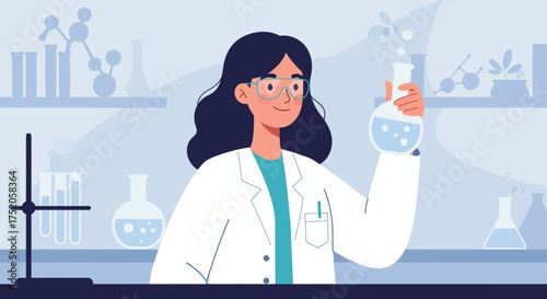 Scientist in lab coat holding round flask with liquid in laboratory setting, concept for pharmaceutical research, medical innovation and scientific experiment visualization
