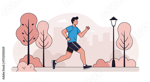 A sporty man jogging in a city park with trees and a lamppost in the background. Concept for health and wellness, fitness application and urban lifestyle