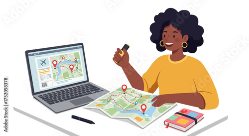 Smiling woman planning vacation route with map and laptop on the table, concept for travel planning, route optimization and destination research