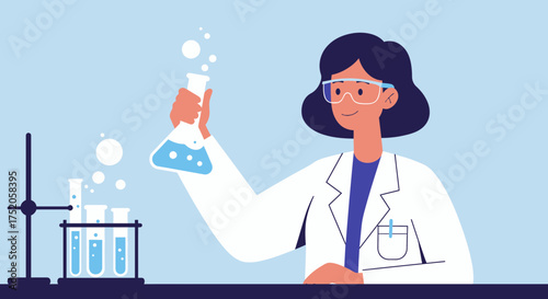 Scientist in lab coat holding flask with bubbling liquid, concept for chemical research, pharmaceutical development and scientific experiment