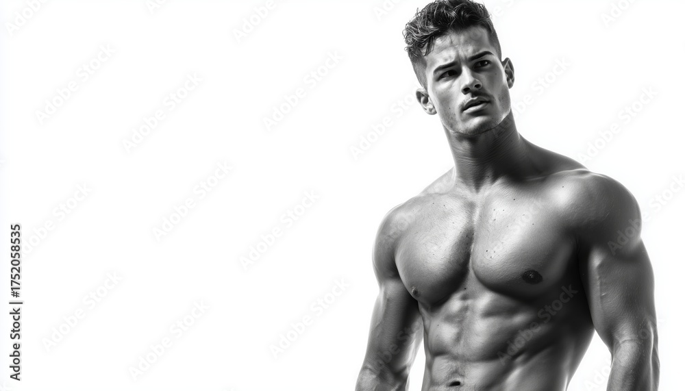 Fototapeta premium Fitness Male Model Demonstrating Muscular Physique On A White Background, Showcasing His Fit And Toned Body In Photoshoot.
