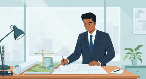 Male architect in suit is working on blueprint design in office with building model, concept for architectural planning, urban development and civil engineering