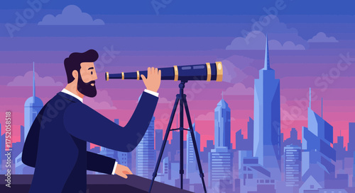 Businessman with beard using a telescope on rooftop overlooking cityscape at dusk. Concept for future vision, strategic planning and business growth
