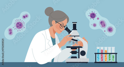 Female doctor using microscope in a laboratory with virus and test tubes illustration, concept for scientific research, medical development and vaccine discovery