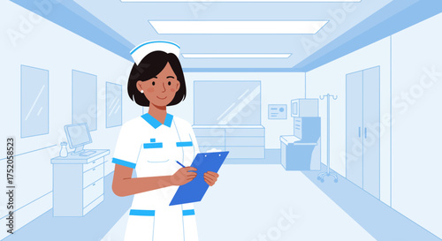 Cartoon female nurse with clipboard in hospital hallway, taking notes in light blue tones, concept for medical professional presentation, healthcare industry and clinic interior illustration