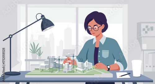 Young woman architect working on building model, at her desk with a lamp and city view. Concept for urban planning, architectural design and real estate development