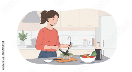 Woman mixing a fresh salad in a modern kitchen with culinary tools, concept for healthy eating habit, food preparation and cooking lifestyle