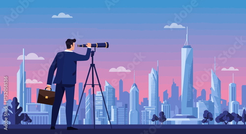 A businessman with a briefcase looks through a telescope at the skyline of a modern city. Concept for business vision, strategic planning and future opportunities