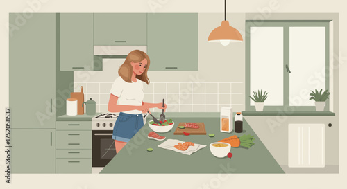Young woman mixing salad in the kitchen, preparing a healthy meal with fresh ingredients. Concept for nutrition guidance, culinary courses and healthy lifestyle inspiration