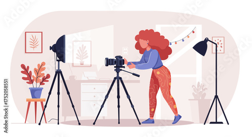 Woman setting up camera on tripod with lighting equipment in studio setup. Concept for photography classes, professional filmmaking and creative content creation