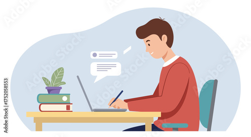 Young man working on laptop with a pencil in hand, desk with books and plant. Concept for online education, remote work and digital communication, study from home