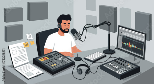 Illustration of a man recording audio in studio with microphone and audio equipment, concept for podcast creation, radio broadcasting and home recording setup