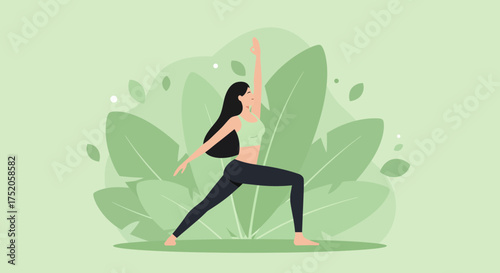Woman performing warrior one pose with stylized foliage background in green tones, concept for wellness infographic, health and fitness mobile app and yoga class promotion