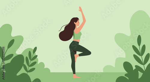 Illustration of a woman in tree pose yoga position with green plant element background. Concept for wellness inspiration, peaceful meditation and zen practice