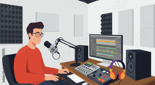 Illustration of a man in recording studio using audio editing software with microphone. Concept for music production, podcast creation and audio engineering