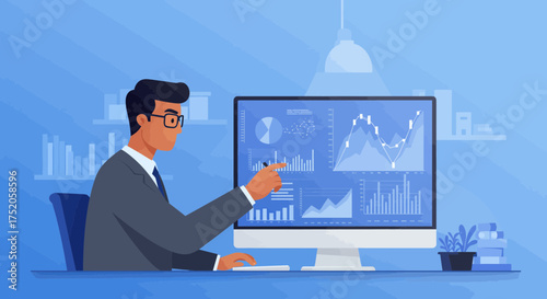 Man points to analytics dashboard on a computer screen with various charts and graphs on blue background. Concept for financial reporting, business intelligence and data visualization
