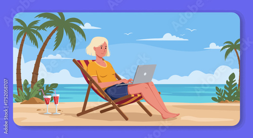 A blond woman working on her laptop while sitting in a deck chair on a beach with drinks and palm trees, concept for remote work, summer vacation and digital nomad lifestyle