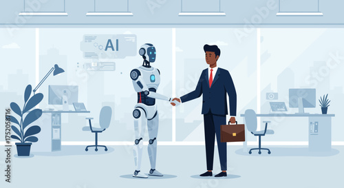 A human businessman shaking hands with a robot in a modern office setting, symbolizing collaboration and AI integration. Concept for technology partnership, future of work and artificial