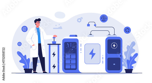 Illustration of a scientist operating a machine with energy symbols in a laboratory setting, concept for scientific research, alternative energy solutions and technology innovation