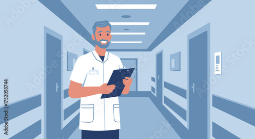 A smiling male doctor holding clipboard in light blue hospital hallway with doors, concept for medical report, healthcare service and hospital management