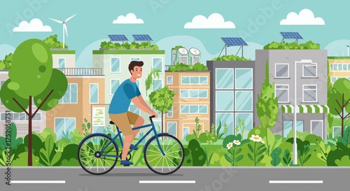 A man rides a bicycle on a street lined with green buildings featuring solar panels and windmills, concept for urban sustainability, eco-friendly initiatives and renewable energy promotion