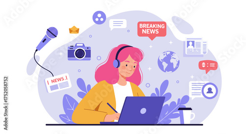 Illustration of a young woman working on a laptop surrounded by news-related icons, including a microphone, camera and globe. Concept for journalism, media reporting and content creation