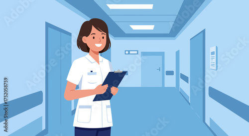 Smiling female doctor holding clipboard standing in hospital hallway with doors and lights, concept for healthcare consultation, clinical record and patient management illustration