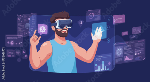 Bearded man with VR glasses interacts with virtual interface surrounded by data and graphs, concept for metaverse experience, immersive learning and innovative technology visualization