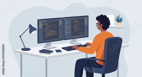 Illustration of a programmer working with dual monitors displaying code on a bright desk, concept for software development, remote work and freelance programming