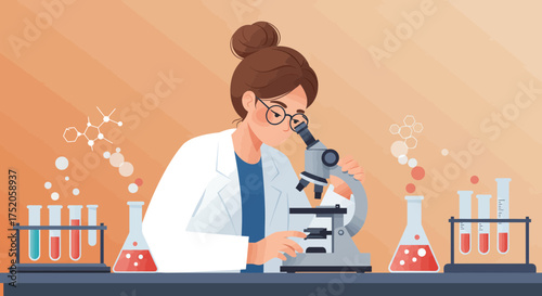 Illustration of a female scientist using a microscope in a lab setting with chemical formulas and flasks. Concept for scientific research, medical laboratory and pharmaceutical studies