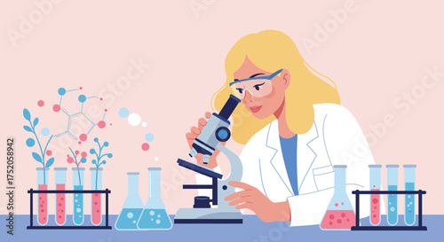 Female scientist looks through a microscope with test tubes and plant diagram, concept for medical research, scientific study and pharmaceutical innovation