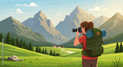 Illustration of a woman photographing mountain landscape with backpack and camera, concept for nature exploration, outdoor adventure and travel photography