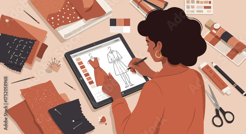 Fashion designer creating dress sketches on a tablet surrounded by fabric swatches and design tools, concept for fashion illustration, clothing design and creative workspace
