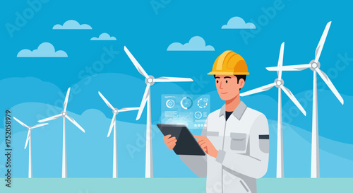 Engineer in yellow hardhat using a tablet with wind turbines in the background, concept for renewable energy project, sustainable development planning and environmental conservation efforts