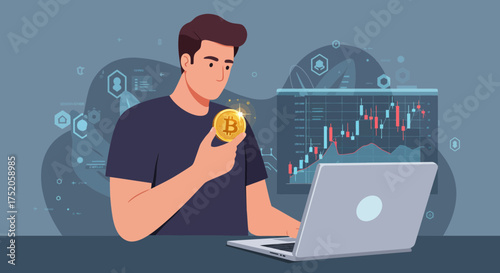 Man holding gold bitcoin coin in front of laptop with rising cryptocurrency market chart behind, concept for digital finance, blockchain technology and investment opportunity