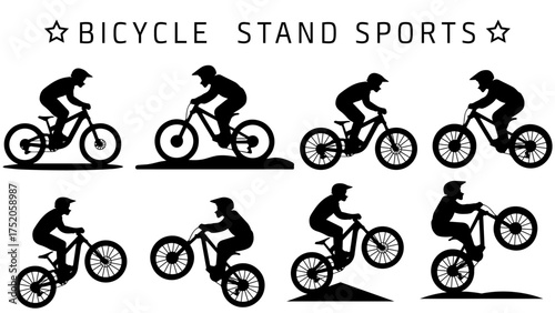 Vector silhouette set of cyclist on a bicycle stand or ride for sport, set of silhouettes of cyclist, bicycle, bike, cyclist, ride, biking, race, riding, jump, bicyclist, cycle, cycling, silhouette.