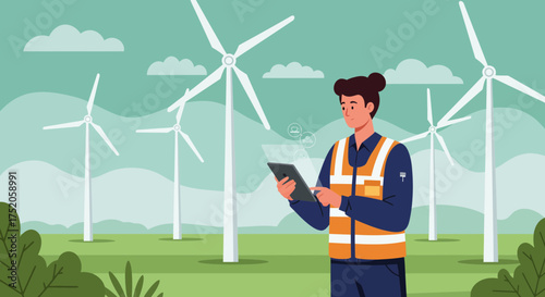 A woman in safety vest is checking wind turbines data on her tablet on a green field, concept for clean energy generation, sustainable power solutions and renewable resources management