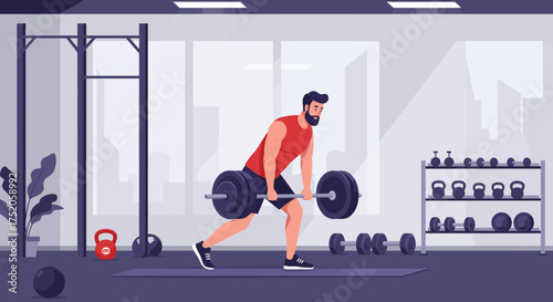 Illustration of bearded man lifting barbell in gym with rack of weights, concept for fitness motivation, strength training and weightlifting program